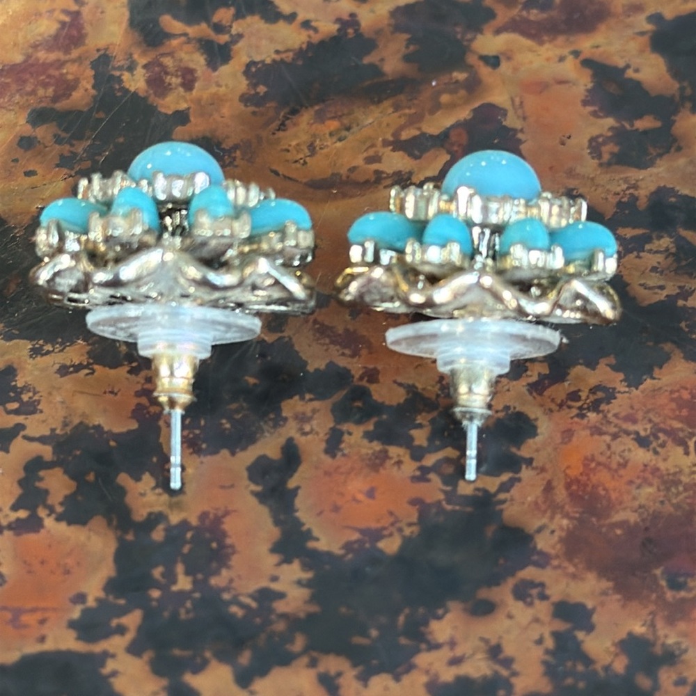 JCrew Vintage Flower Turquoise Enamel Stone Bead CZ Gem Stud GoldPlated Earring - Picture 4 of 6